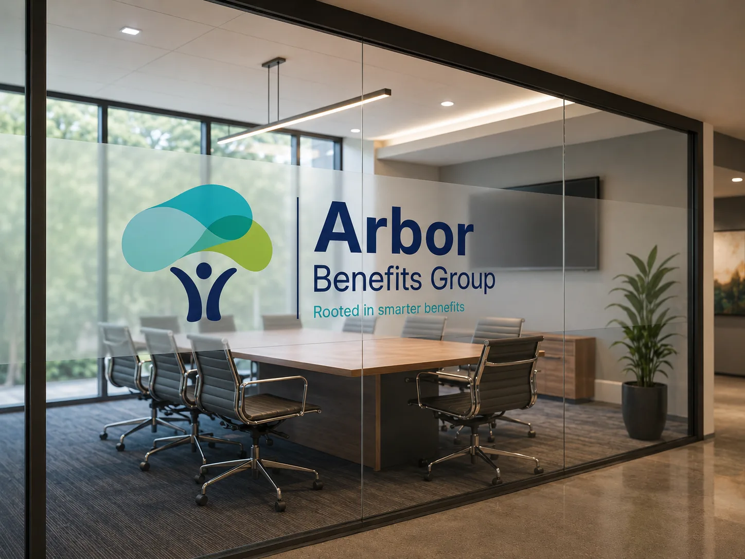 Arbor Benefits Group conference room, logo etched on the glass wall
