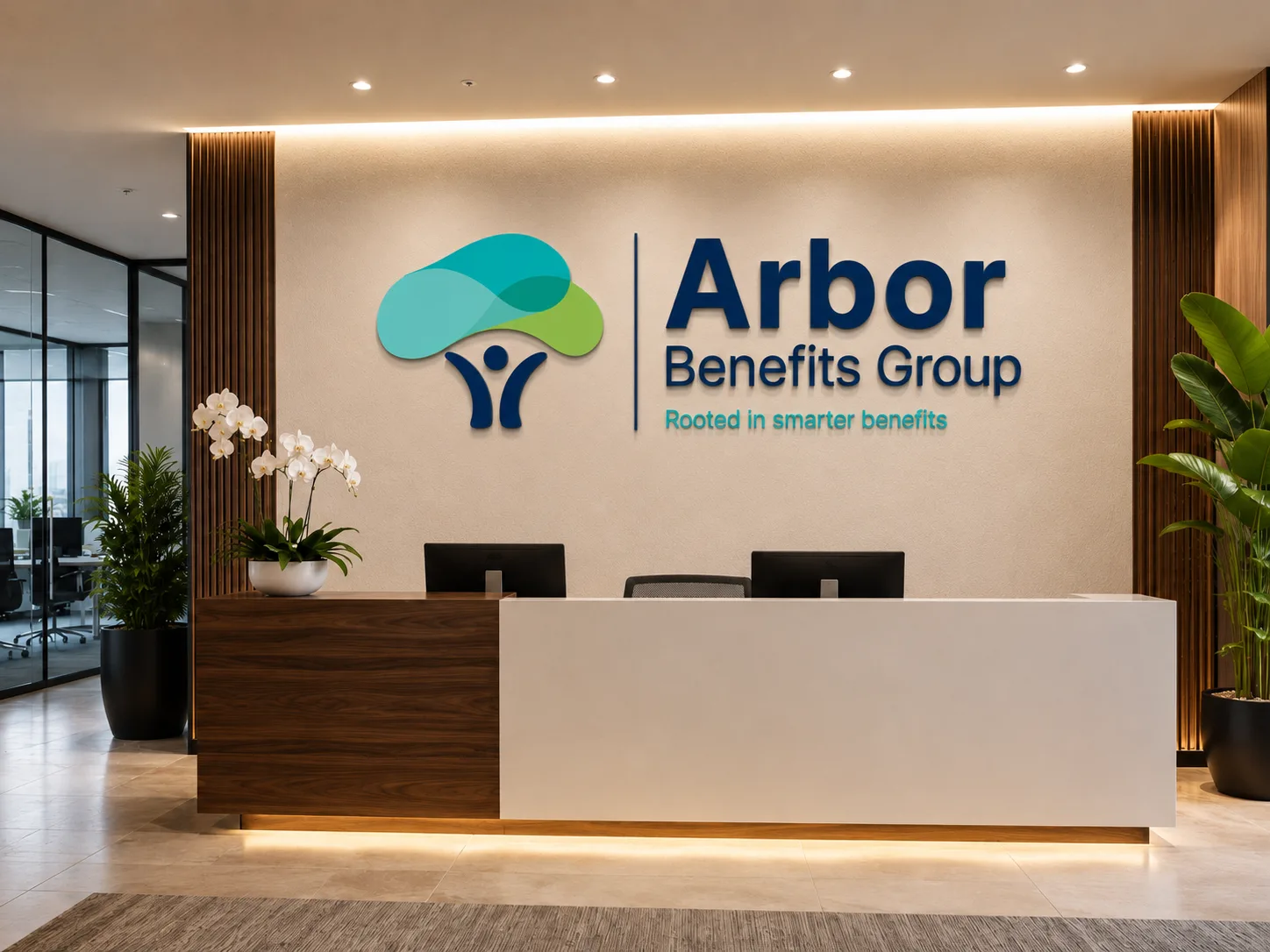 Arbor Benefits Group, reception signage with the dimensional wall logo