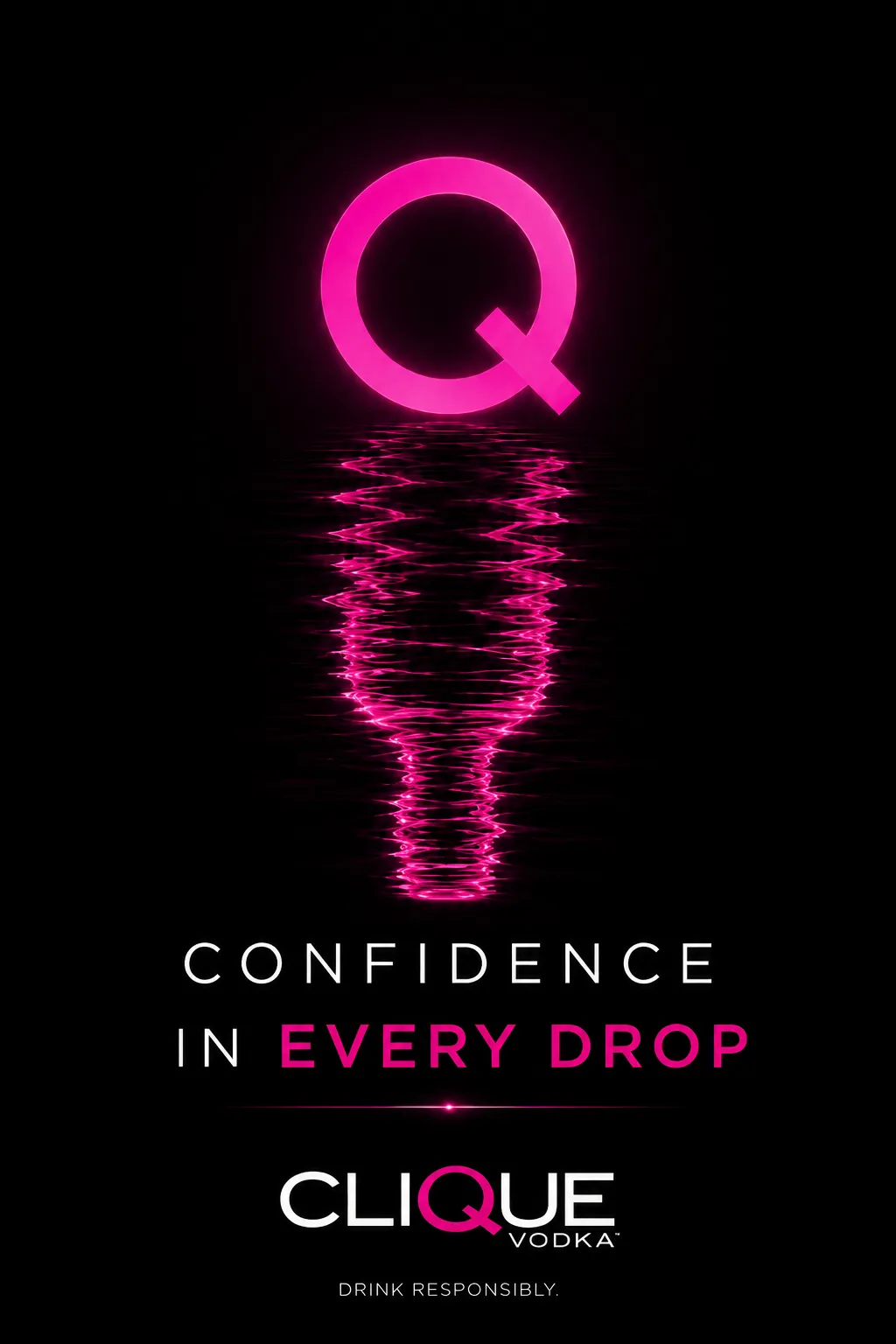 Clique Vodka — “Confidence in every drop” neon Q poster