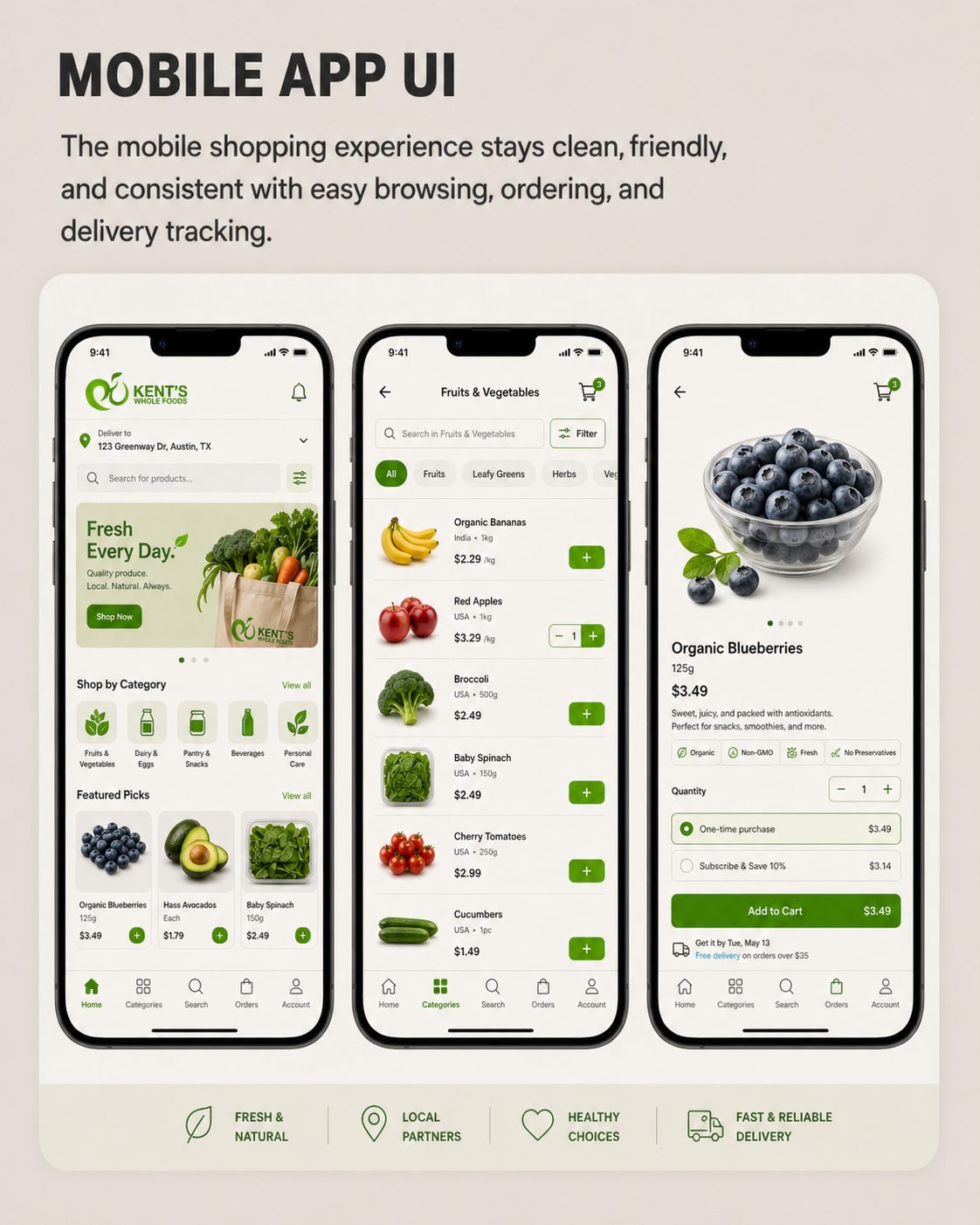 Kent's mobile app UI — browsing, ordering, delivery tracking