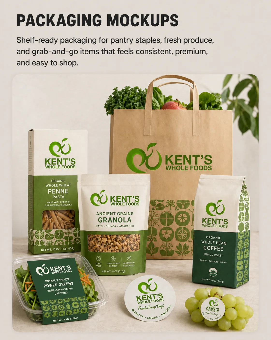 Kent's packaging mockups — bags and pantry staples