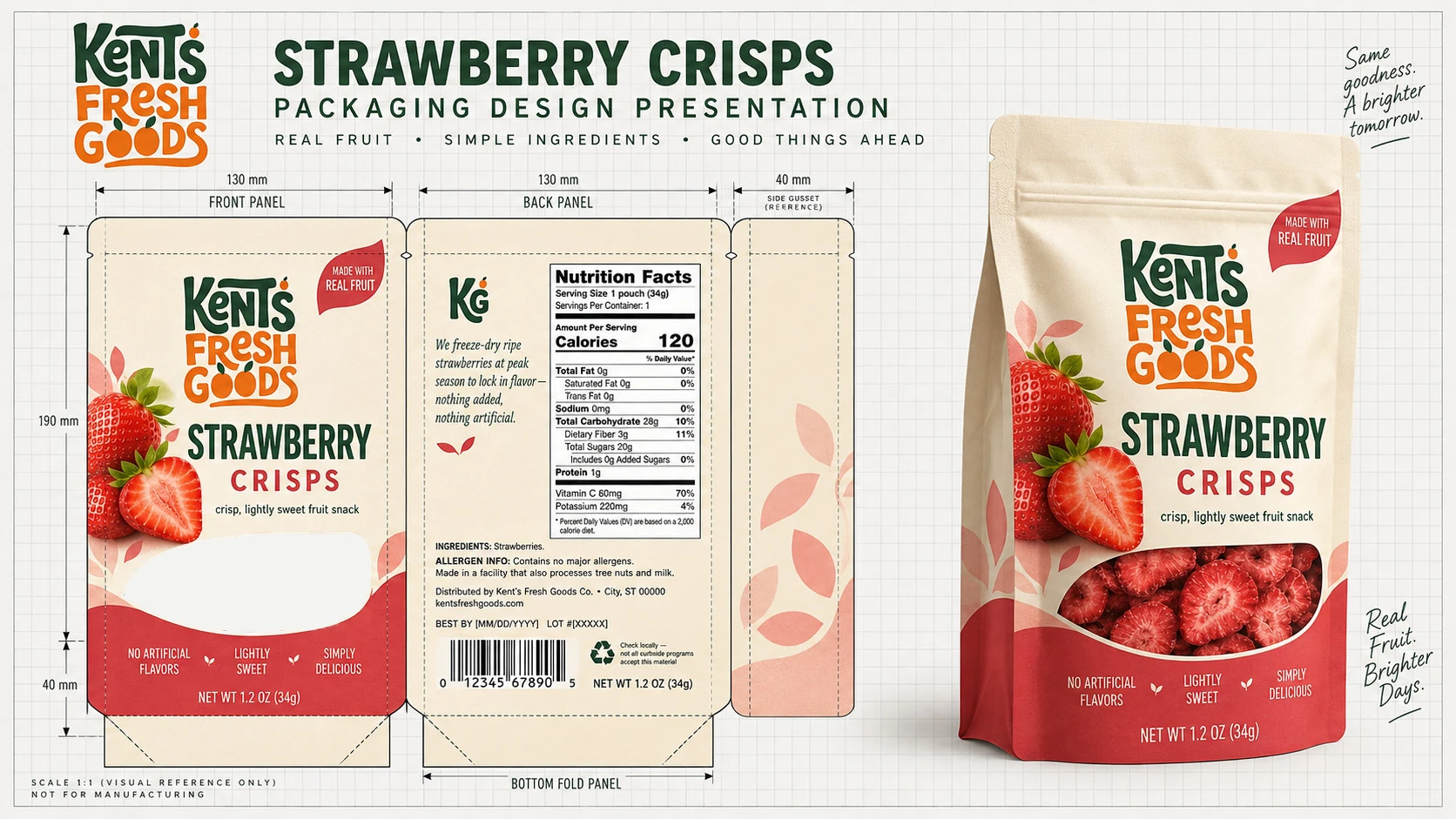 Kent's Fresh Goods Strawberry Crisps packaging design presentation: front and back panel dielines with dimensions and nutrition facts, plus the finished stand-up pouch