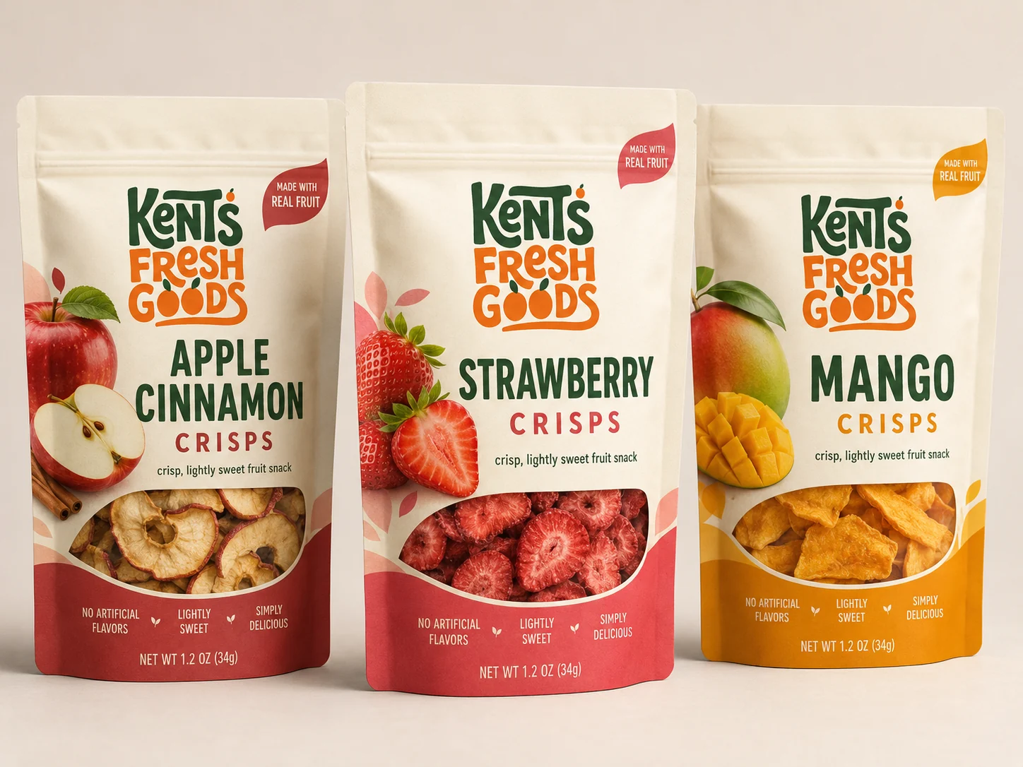 Kent's Fresh Goods fruit crisps, apple cinnamon, strawberry, and mango