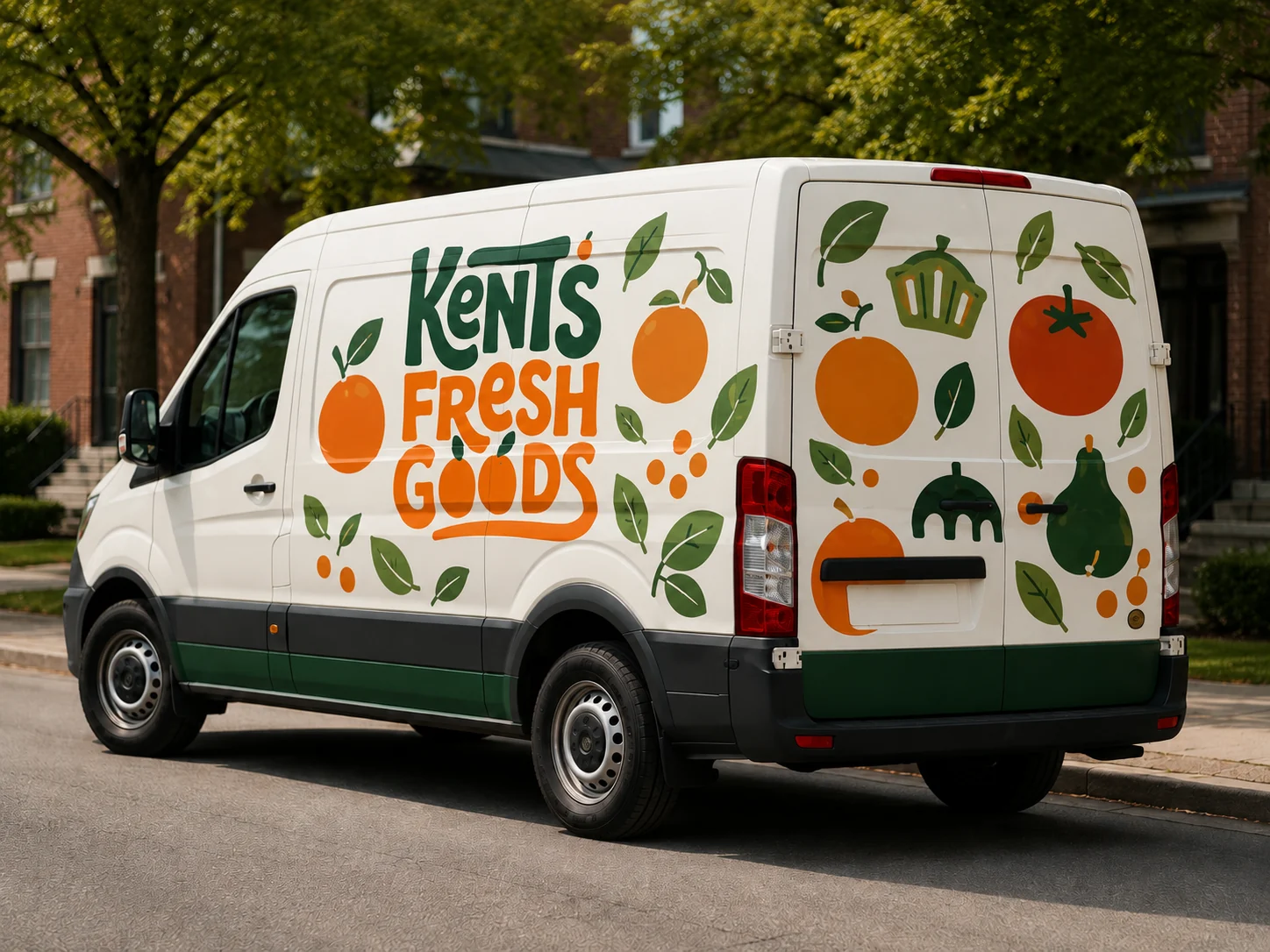 Kent's Fresh Goods delivery van wrapped in the logo and produce illustrations, parked on a neighborhood street