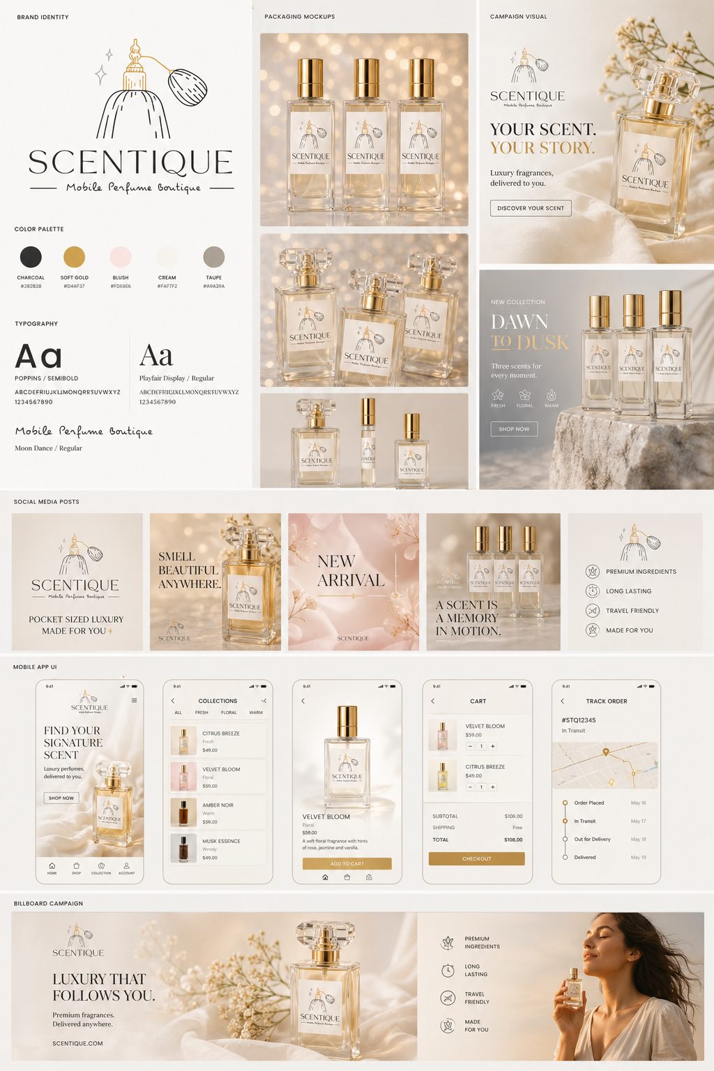 Scentique brand board — identity and packaging